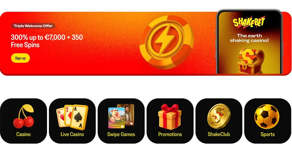 ShakeBet homepage section with a “Triple Welcome Offer” banner (300% up to €7,000 + 350 Free Spins, Sign up button) above category tiles: Casino, Live Casino, Swipe Games, Promotions, ShakeClub, and Sports.