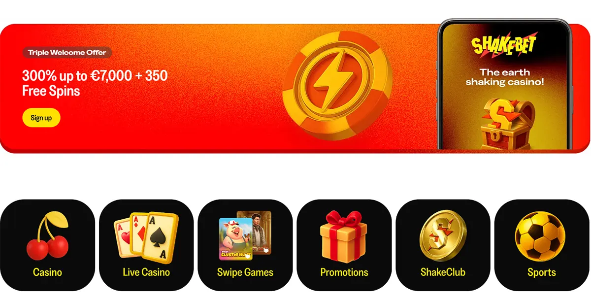 ShakeBet homepage section with a “Triple Welcome Offer” banner (300% up to €7,000 + 350 Free Spins, Sign up button) above category tiles: Casino, Live Casino, Swipe Games, Promotions, ShakeClub, and Sports.